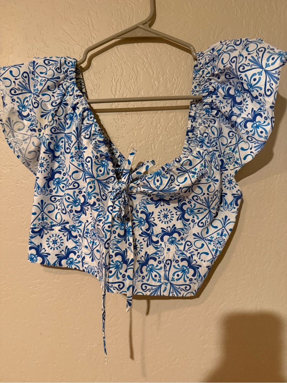HILL HOUSE the Alexa crop ruffle Top Blue Mosaic Sz small